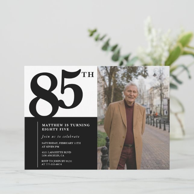 Black 85th birthday invitations Elegant Chic (Standing Front)