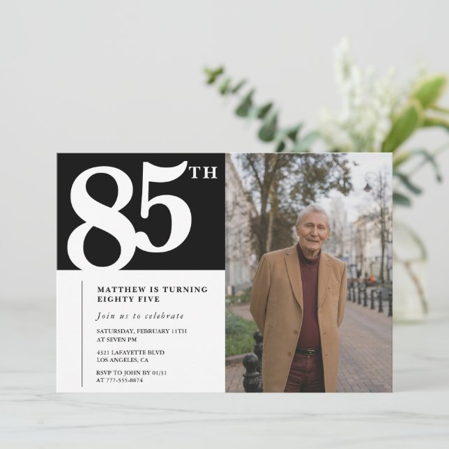 Black 85th birthday invitations Modern Chic Photo (Standing Front)