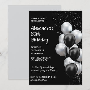 Black 89th birthday invitations Balloons Silver