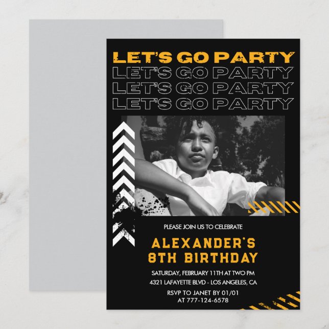 Black 8th birthday invitations Boy Photo Spray (Front/Back)