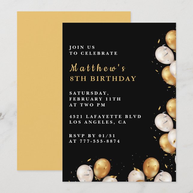Black 8th birthday invitations Gold Balloon Boy (Front/Back)