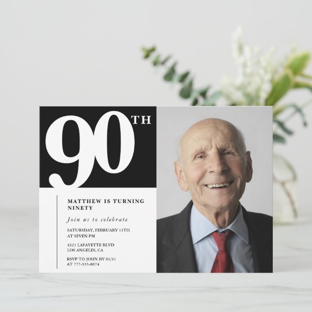 Black 90th birthday invitations Modern Chic Photo (Standing Front)