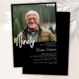 Black 90th Birthday Photo Invitation