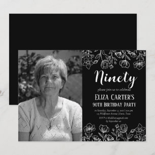 Black 90th Ninety Floral Elegant Birthday Invitation