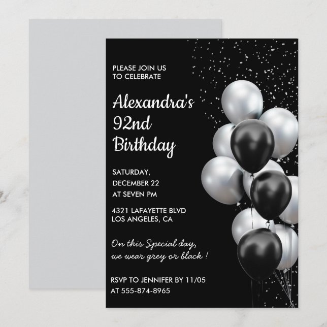 Black 92nd birthday invitations Balloons Silver (Front/Back)