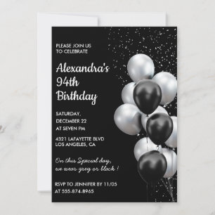 Black 94th birthday invitations Balloons Silver