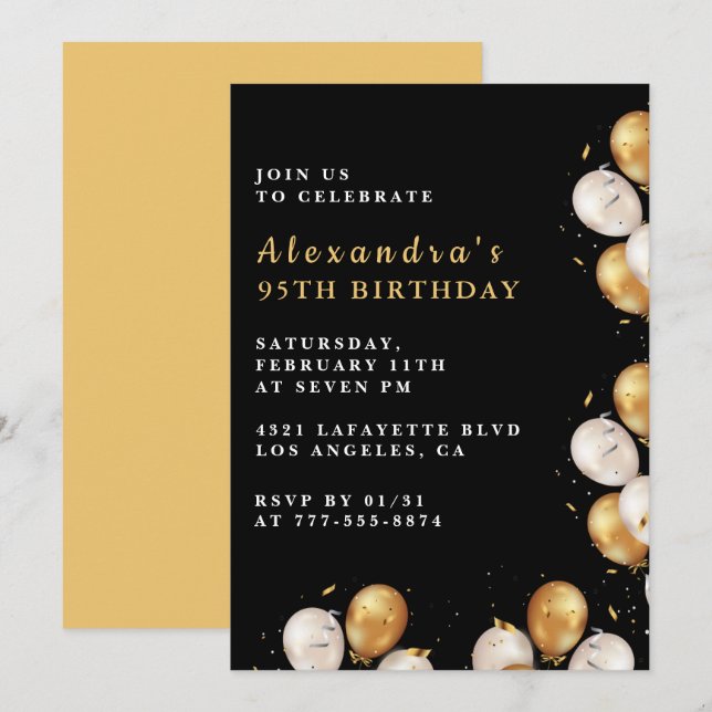 Black 95th birthday invitations Gold Balloon  (Front/Back)