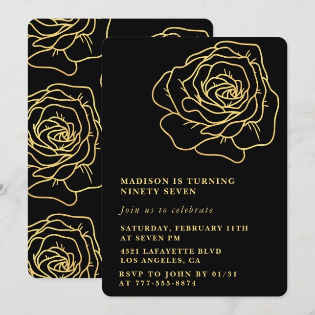 Black 97th birthday invitations Gold Floral (Front/Back)