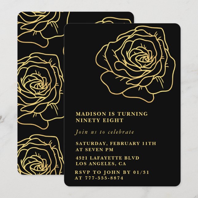 Black 98th birthday invitations Gold Floral (Front/Back)