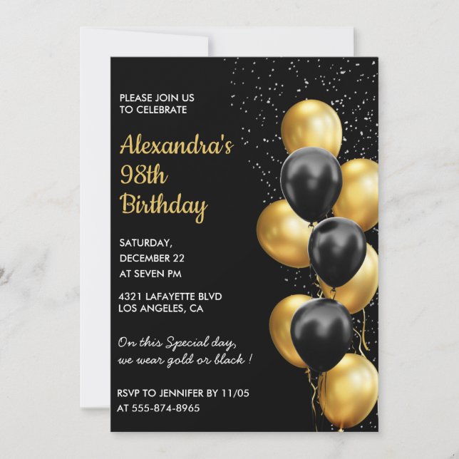Black 98th birthday invitations Gold Glitter Glam (Front)