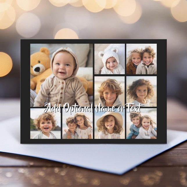 Black 9 Photo Square Collage - with script white (Unique Photo Card)