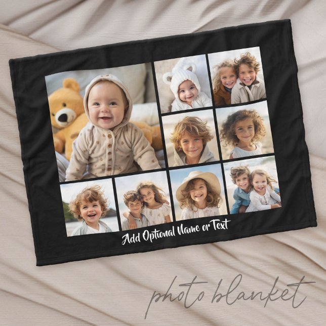 Black 9 Photo Square Collage - with script white Fleece Blanket (Custom Photo Blanket with Lots of Photos)