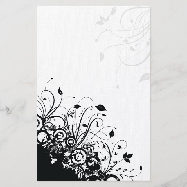 Black Abstract Art Floral Stationery (Front)