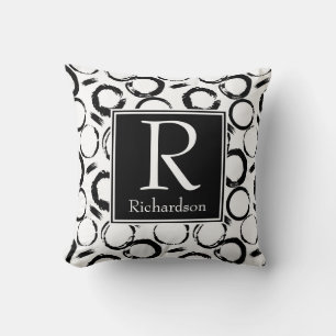 Black Abstract Circles Monogrammed Throw Pillow