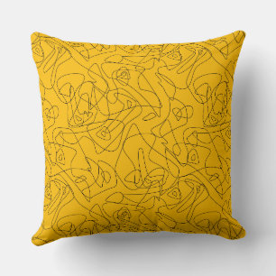 Black abstract drawings on a bright yellow backgro throw pillow