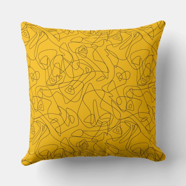 Black abstract drawings on a bright yellow backgro throw pillow (Back)