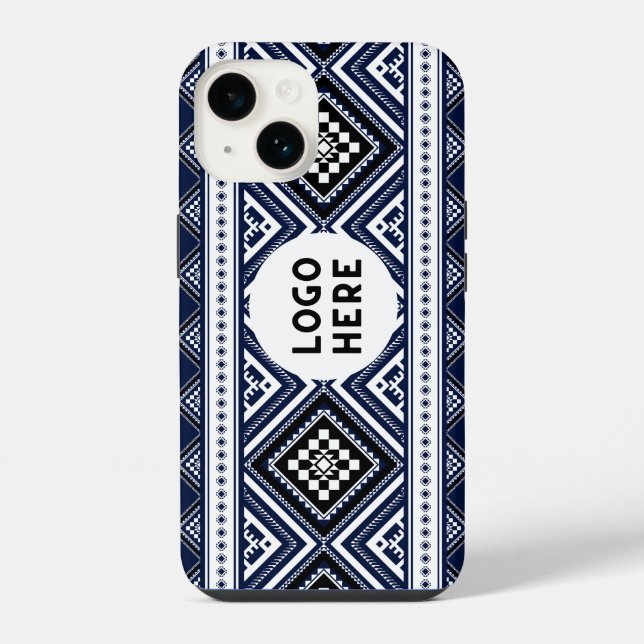 Black Abstract Ethnic Geometric Patterns with Logo iPhone Case (Back)