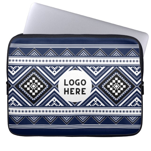 Black Abstract Ethnic Geometric Patterns with Logo Laptop Sleeve (Front)