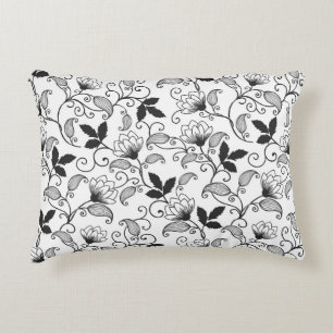 Black Abstract Floral on White Background Accent Pillow