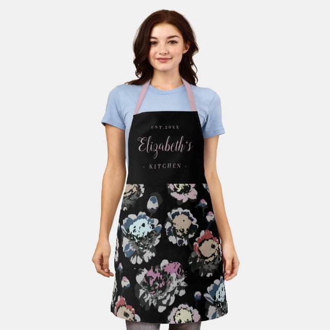 Black abstract floral pattern personalized cooking apron (Worn)