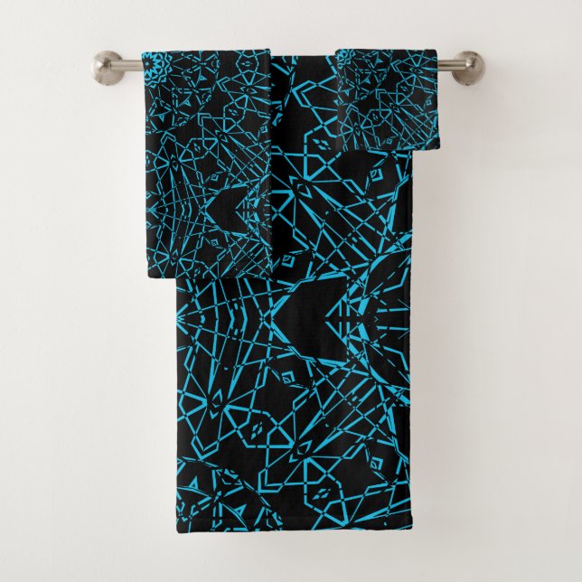 Black abstract modern spider net lines blue navy o bath towel set (Insitu)