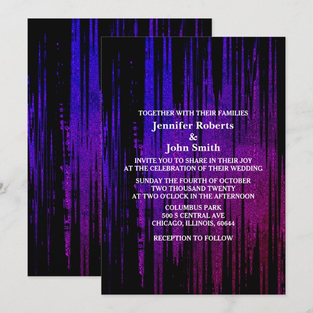 Black Abstract Purple Blue Artsy Elegant Wedding Invitation (Front/Back)