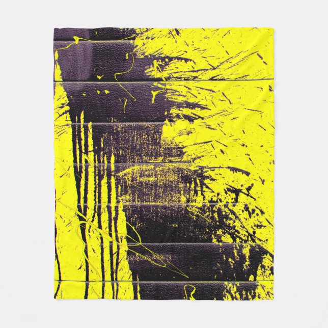 Black abstract splatter paint drips on a bright ye fleece blanket (Front)