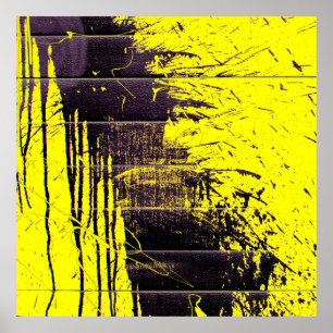 Black abstract splatter paint drips on a bright ye poster