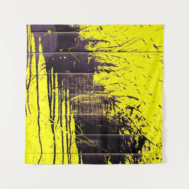 Black abstract splatter paint drips on a bright ye tapestry (Front)