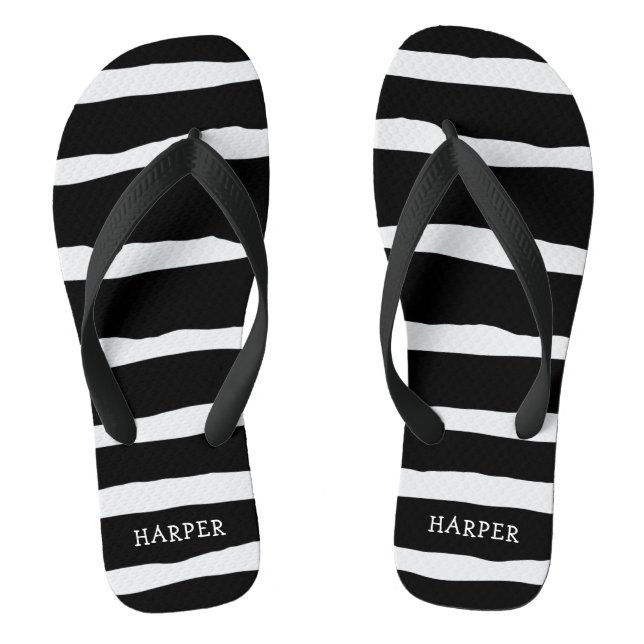 Black Abstract Stripes with Your Name Flip Flops (Footbed)