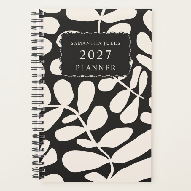 Black Abstract Tropical Palm Leaves Pattern Planner (Front)