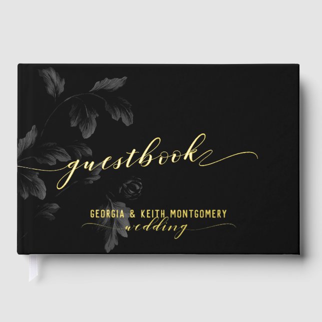 Black Acanthus Leaf Gold Script Elegant Wedding  Guest Book (Front)