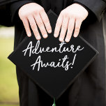 Black | Adventure Awaits Graduation Cap Topper<br><div class="desc">Chic stylish graduation cap topper featuring "Adventure Awaits" in a trendy script font against a black background. Make it your own by adding text or changing the background colour with the customize tool.</div>