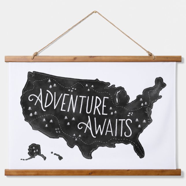 Black Adventure Awaits US Map Kids Room Decor Hanging Tapestry (Front)