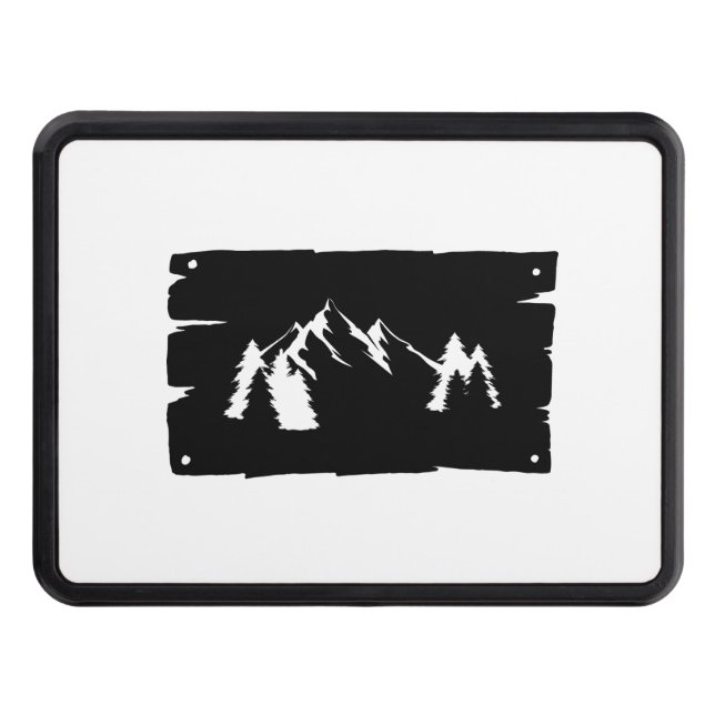 Black Adventure Design With Mountains And Trees On Trailer Hitch Cover (Front)