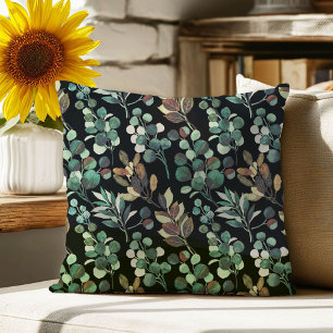 Black aesthetic green flower leaf pattern throw pillow