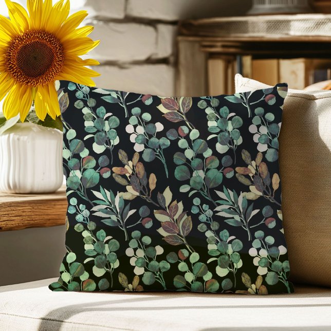 Black aesthetic green flower leaf pattern throw pillow (Creator Uploaded)