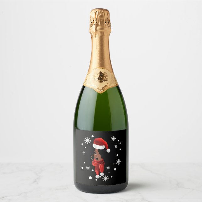 Black African American Santa Apparel Christmas Mel Sparkling Wine Label (Front)