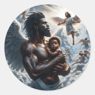 Black African Angel man With baby  Classic Round Sticker