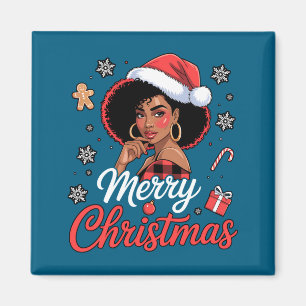 Black African Girl American Merry Christmas Santa  Magnet
