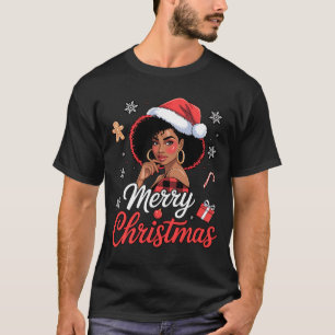 Black African Girl American Merry Christmas Santa  T-Shirt