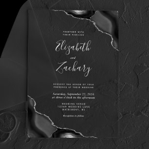 Black Agate Corners Silver Grey Text Wedding Acrylic Invitations