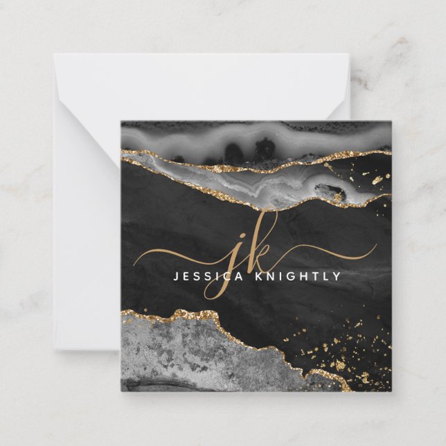 Black Agate Geode Gold Glitter Script Monogram Card (Front)