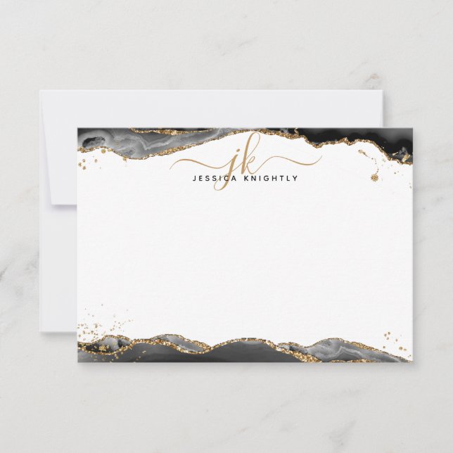 Black Agate Geode Script Monogram Gold Glitter Not Card (Front)