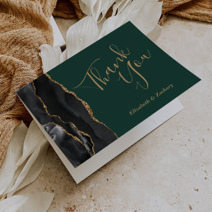 Black Agate Gold Emerald Green Wedding Thank You Card