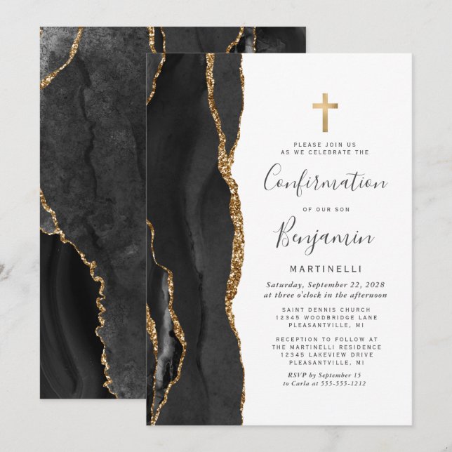 Black Agate Gold Glitter Confirmation Invitation (Front/Back)