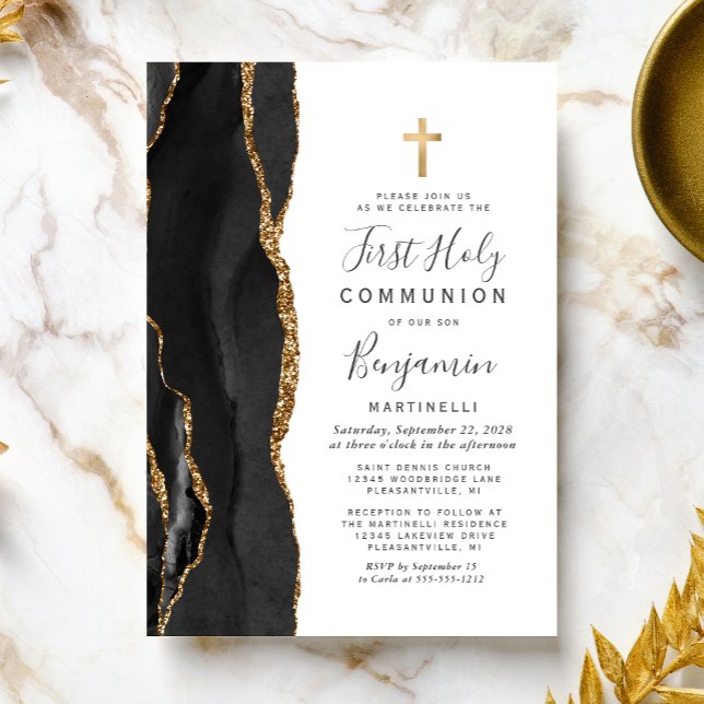 Black Agate Gold Glitter First Holy Communion Invitation (Creator Uploaded)