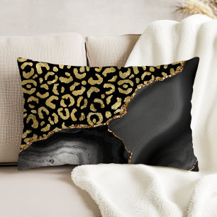 Black Agate Gold Glitter Leopard Spots Accent Pillow