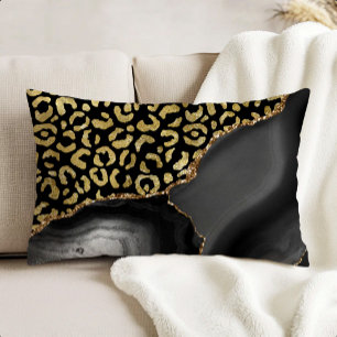 Black Agate Gold Glitter Leopard Spots Accent Pillow
