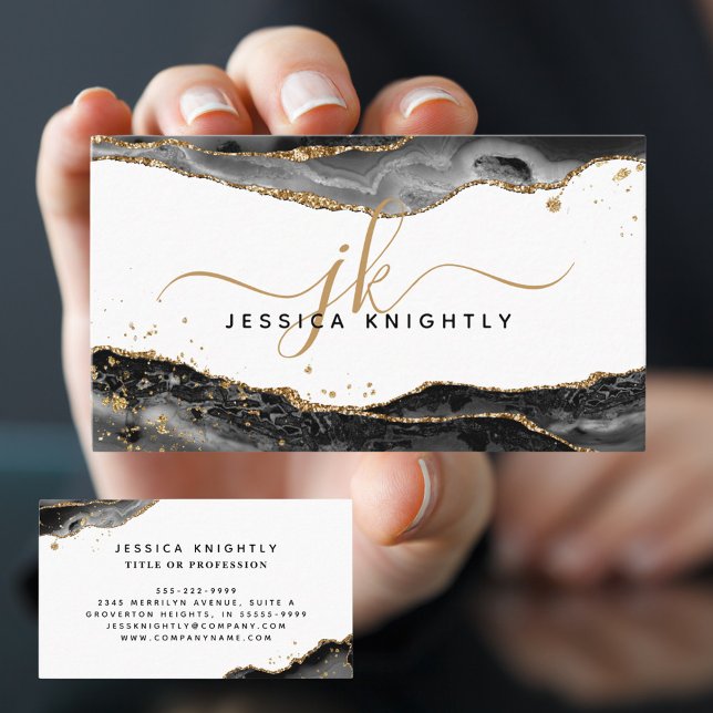 Black Agate Gold Glitter Monogram Script Business Card (Creator Uploaded)
